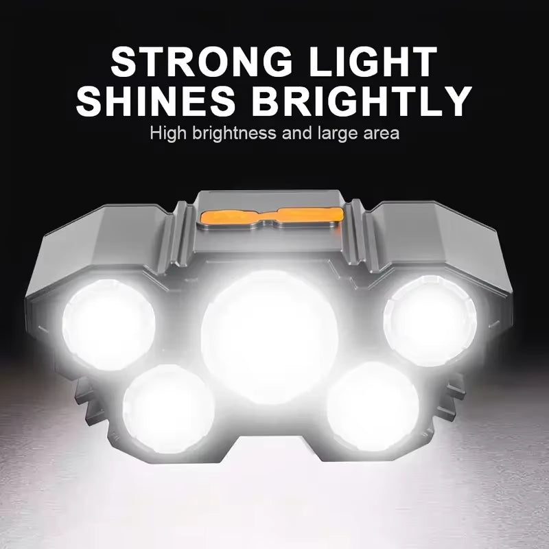 5 LED Flashlight Rechargeable with Built in Lithium Battery Strong Head Light Camping Adventure Fishing Cycling Headlamp