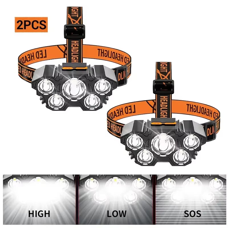 5 LED Flashlight Rechargeable with Built in Lithium Battery Strong Head Light Camping Adventure Fishing Cycling Headlamp