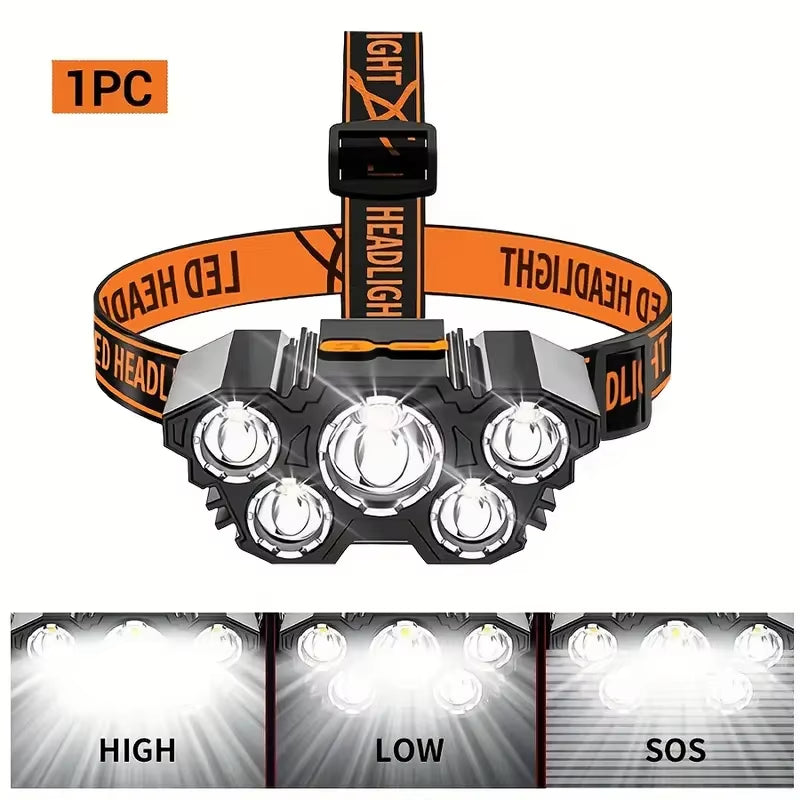 5 LED Flashlight Rechargeable with Built in Lithium Battery Strong Head Light Camping Adventure Fishing Cycling Headlamp