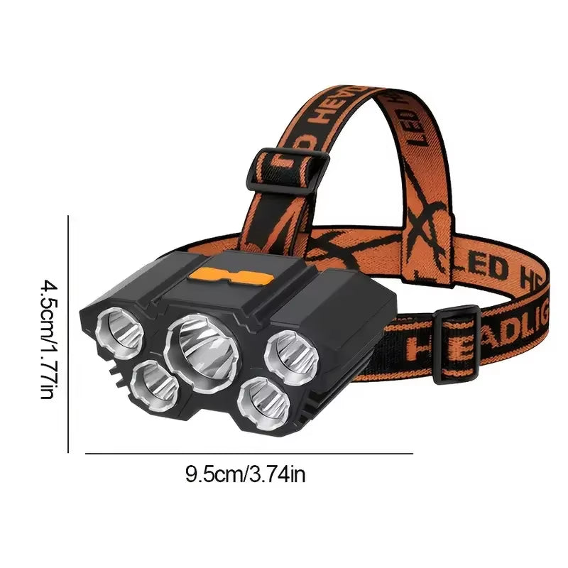 5 LED Flashlight Rechargeable with Built in Lithium Battery Strong Head Light Camping Adventure Fishing Cycling Headlamp