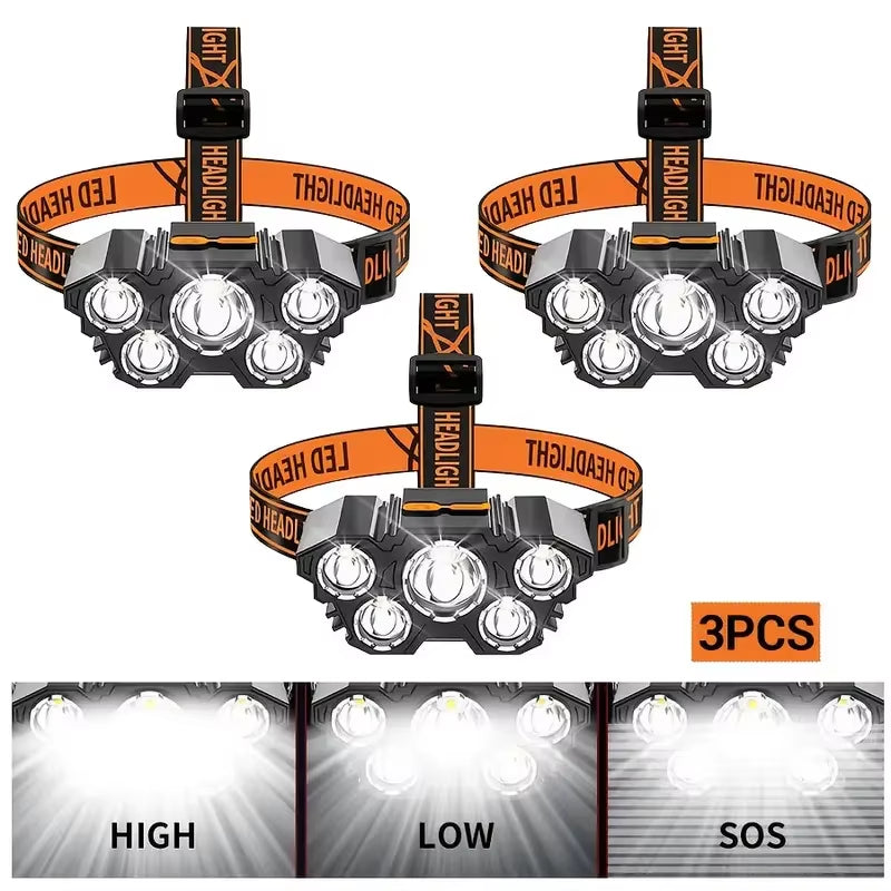 5 LED Flashlight Rechargeable with Built in Lithium Battery Strong Head Light Camping Adventure Fishing Cycling Headlamp