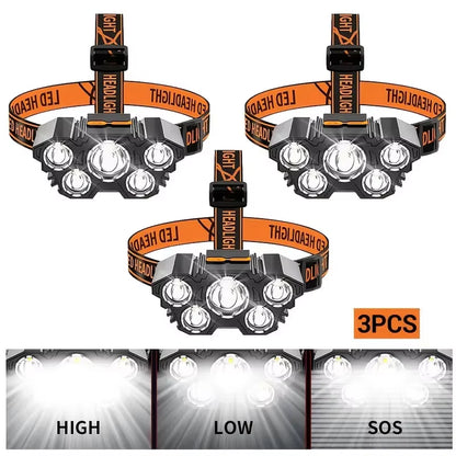 5 LED Flashlight Rechargeable with Built in Lithium Battery Strong Head Light Camping Adventure Fishing Cycling Headlamp